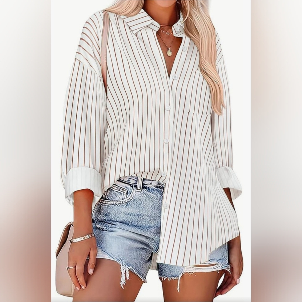 Women's Oversized Button down striped blouse size XL